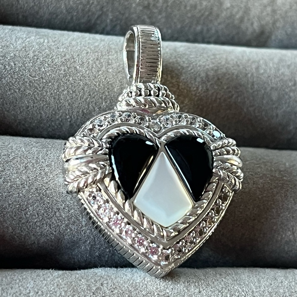 Judith Ripka 925 Onyx And Mother Of Pearl Heart Pendant With CZ Accents